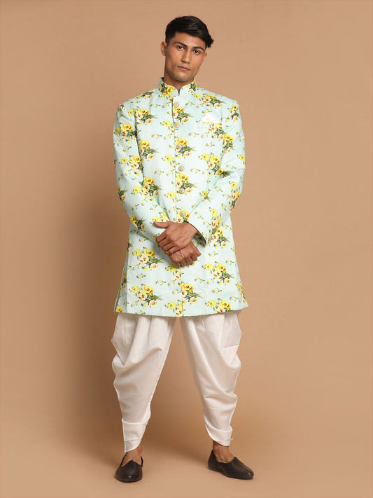 Vastramay Men's Light Green Silk Blend Sherwani And White Dhoti Set - PUSHMYCART