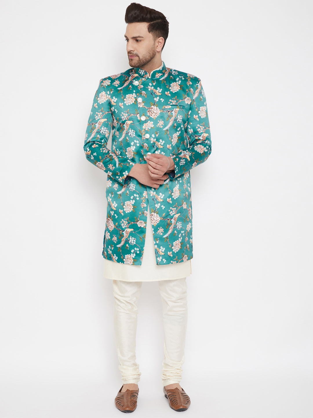 mens multicolor base blue silk blend sherwani set