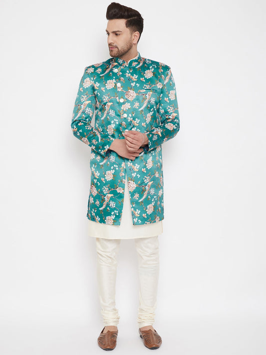 mens multicolor base blue silk blend sherwani set