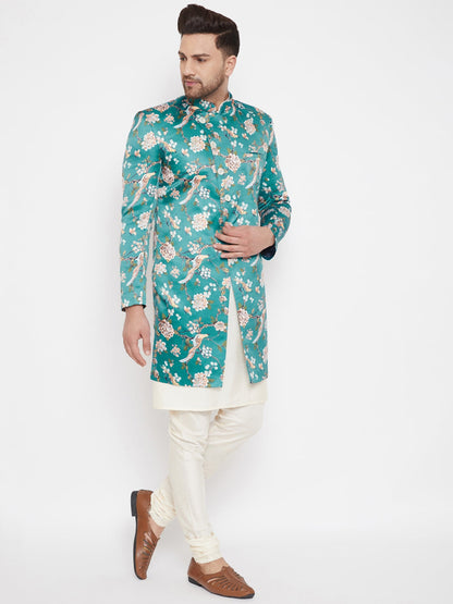 mens multicolor base blue silk blend sherwani set
