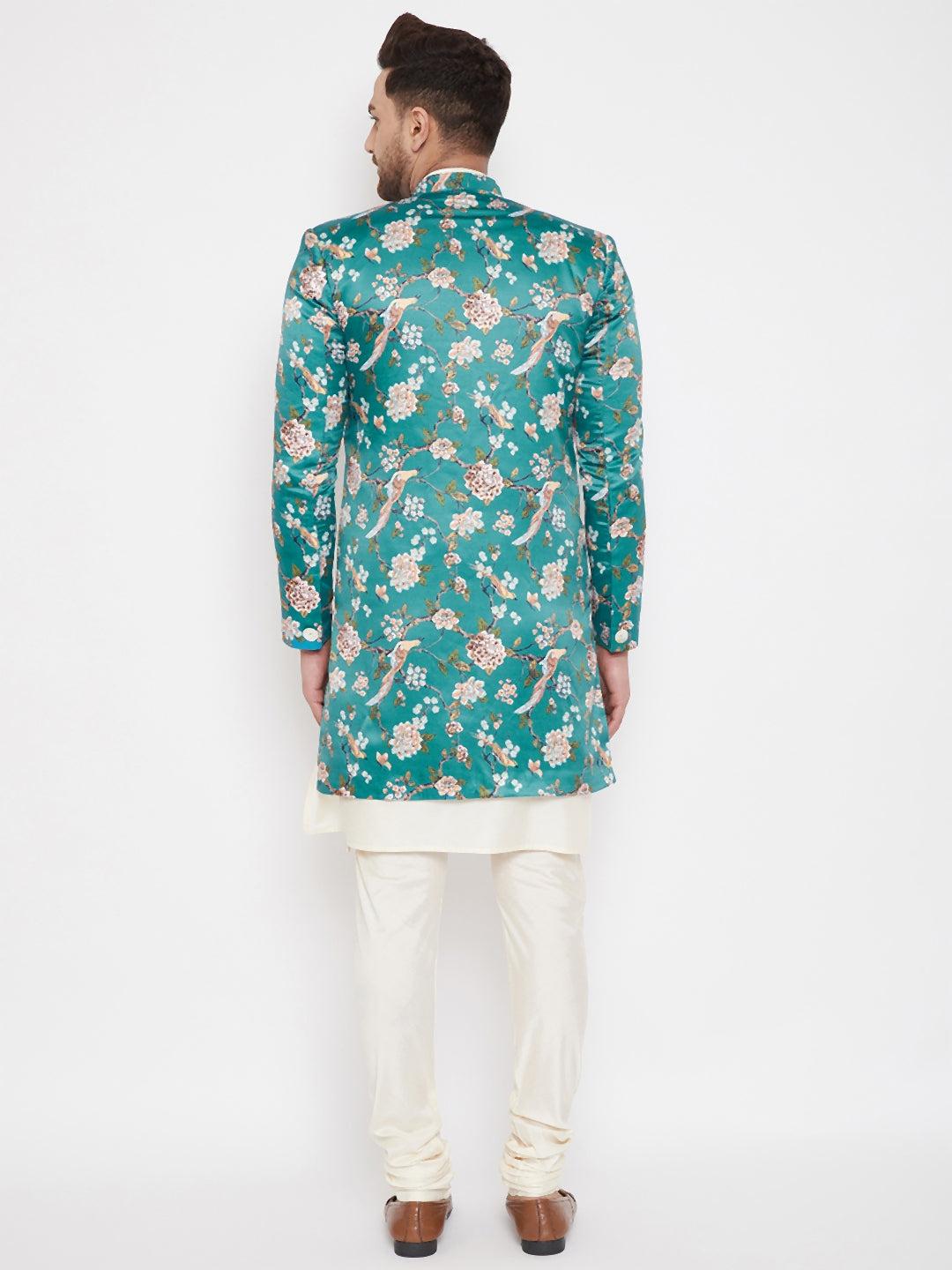 mens multicolor base blue silk blend sherwani set