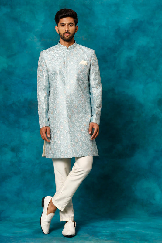 VASTRAMAY Baap Beta Silk Blend Green Jacket With Kurta Pyjama Set