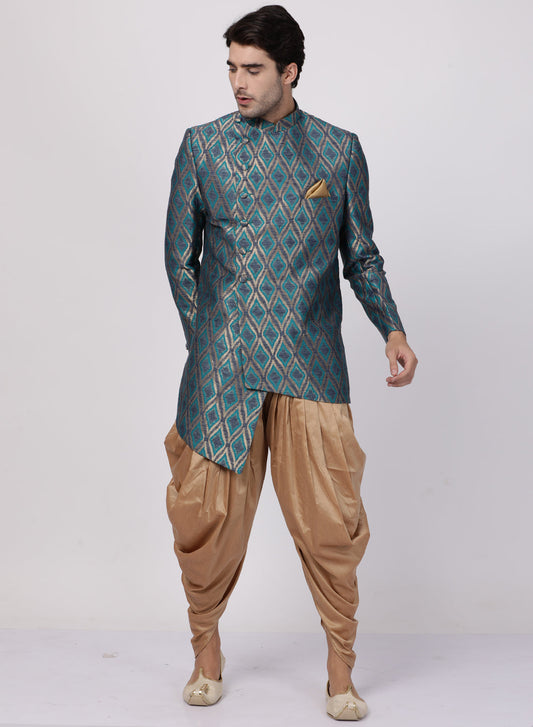 Men's Blue Silk Blend Sherwani Set - PUSHMYCART