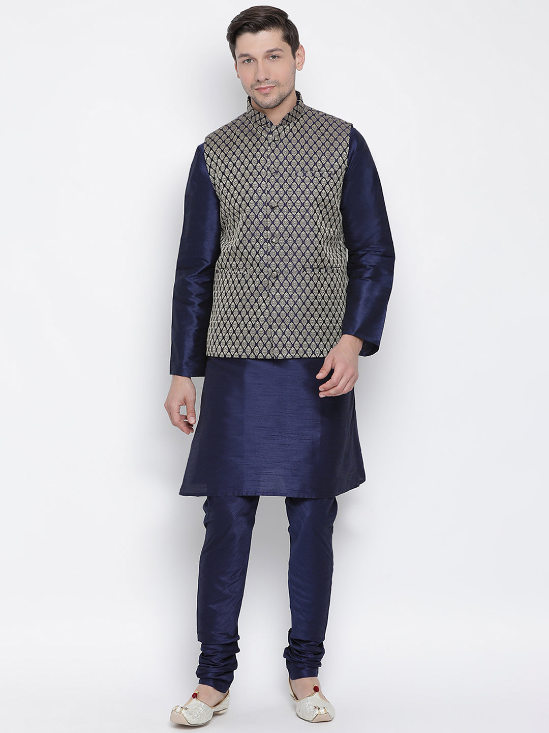 vastramay cream and black silk blend baap beta jacket kurta pyjama set 3