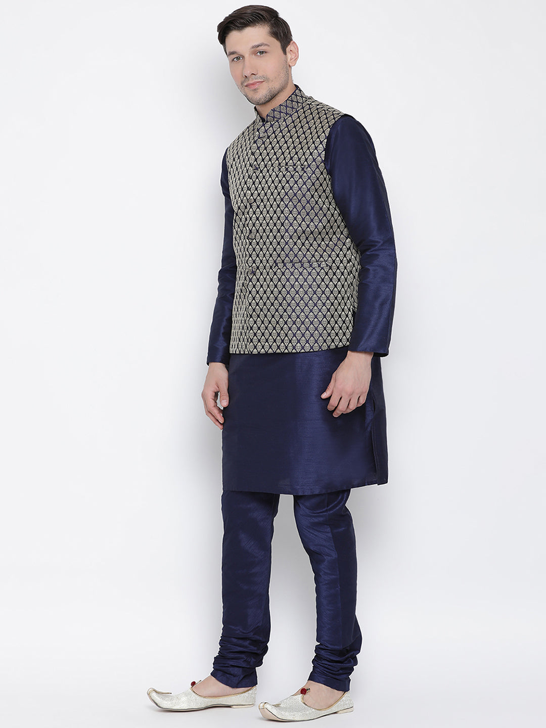 vastramay cream and black silk blend baap beta jacket kurta pyjama set 3