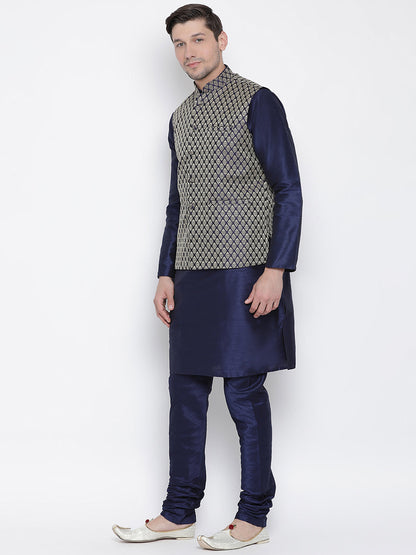 vastramay cream and black silk blend baap beta jacket kurta pyjama set 3