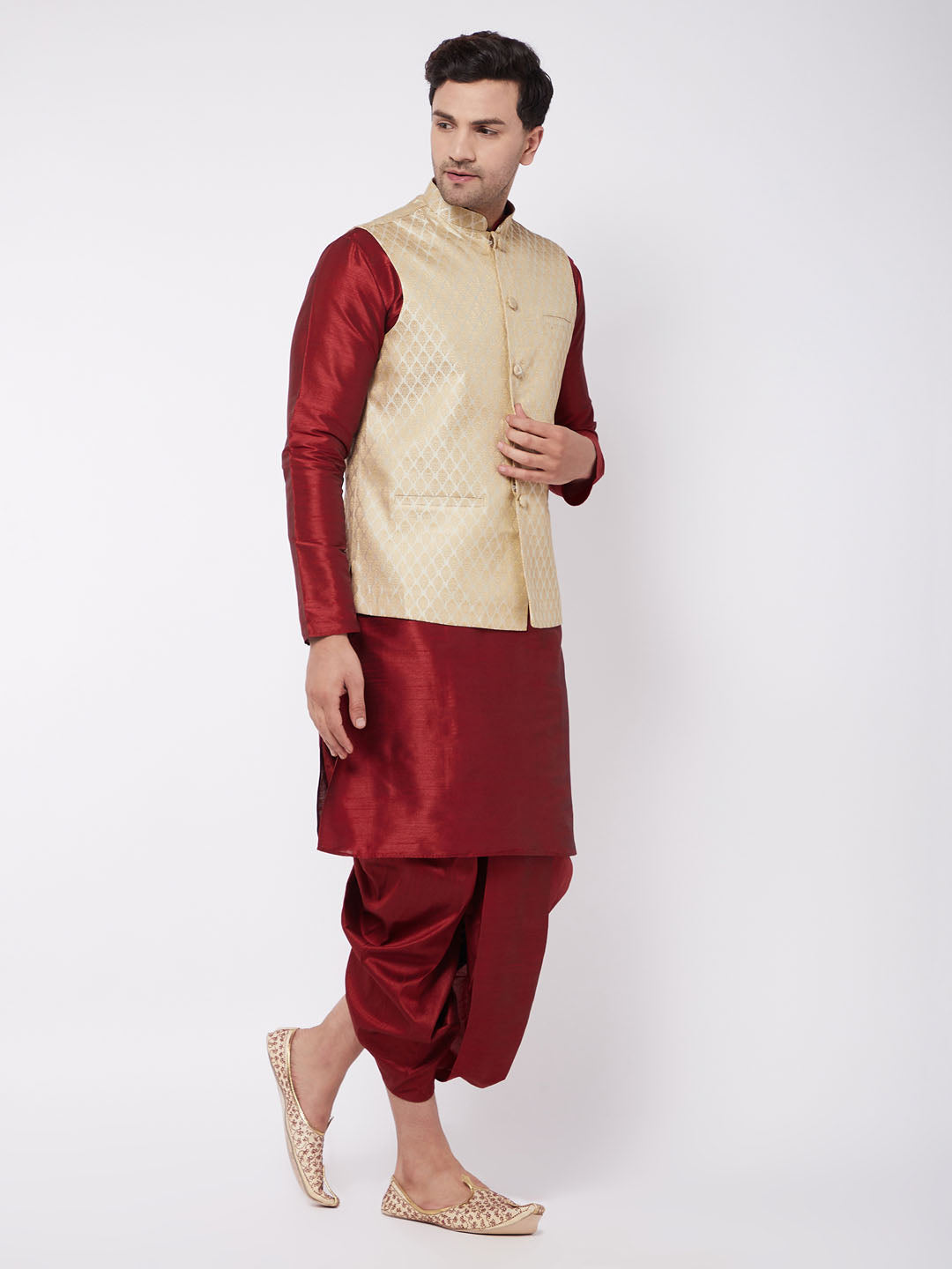 Vastramay Men's Cream Silk Blend Jacket With Kurta Dhoti Set - PUSHMYCART