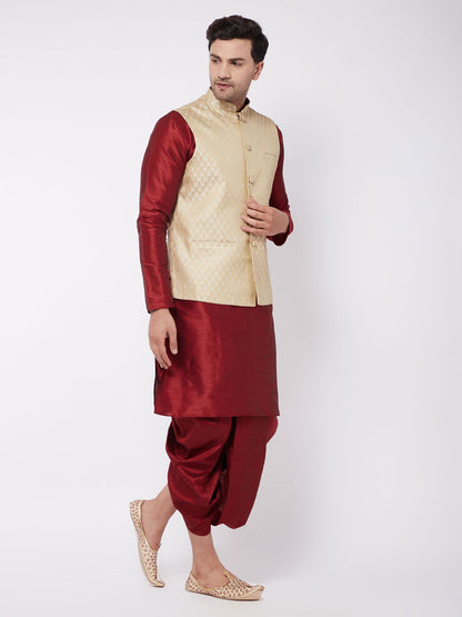 Vastramay Men's Cream Silk Blend Jacket With Kurta Dhoti Set - PUSHMYCART