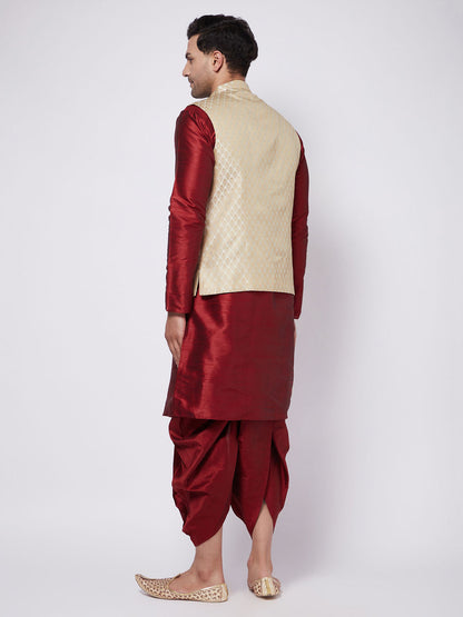 Vastramay Men's Cream Silk Blend Jacket With Kurta Dhoti Set - PUSHMYCART