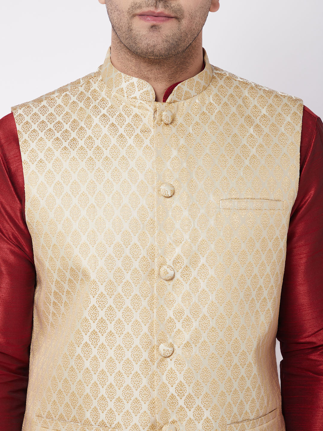 Vastramay Men's Cream Silk Blend Jacket With Kurta Dhoti Set - PUSHMYCART