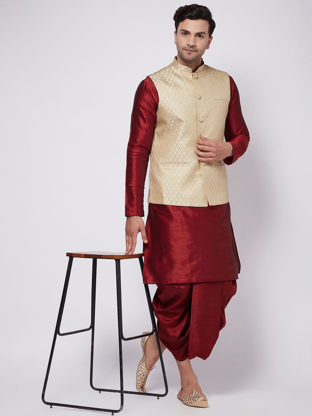 Vastramay Men's Cream Silk Blend Jacket With Kurta Dhoti Set