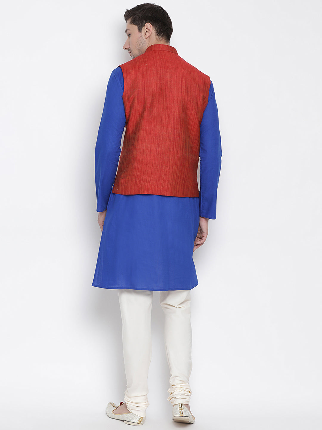 VASTRAMAY Men's Blue Cotton Blend Kurta, Ethnic Jacket and Pyjama Set - PUSHMYCART