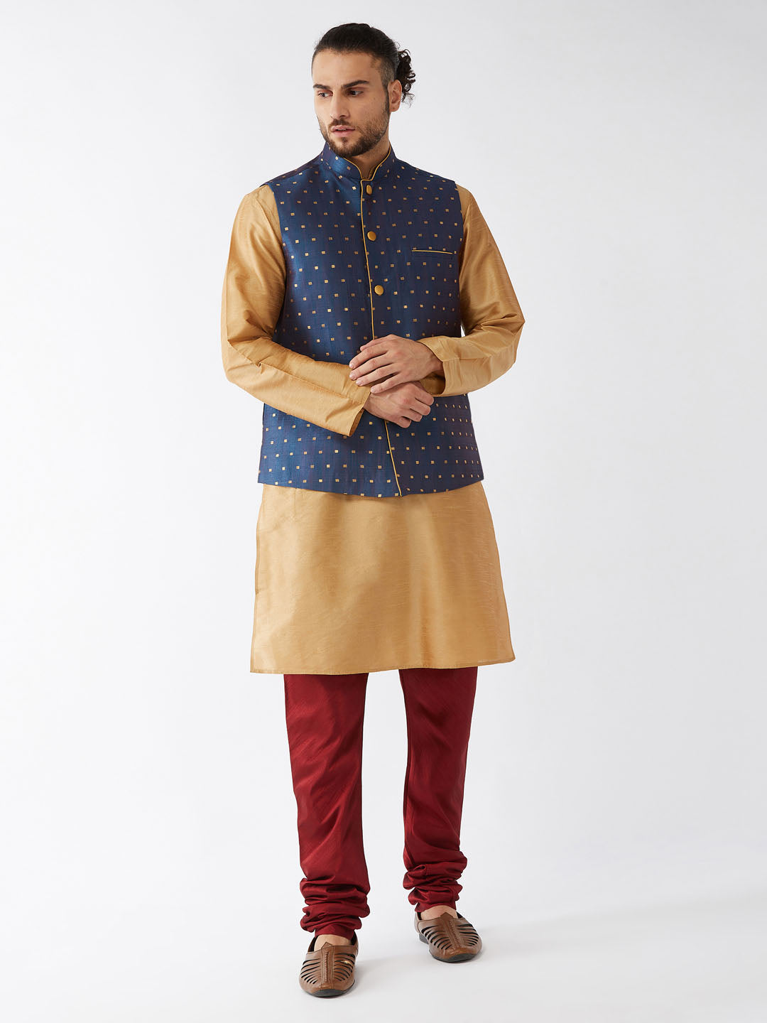 mens rose gold and blue silk blend ethnic jacket kurta and pyjama set