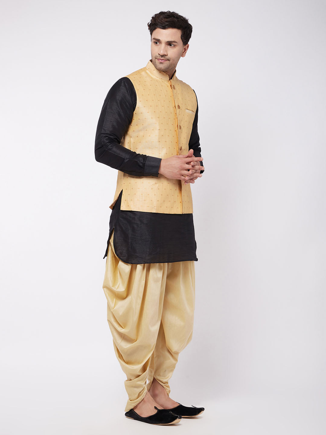 Vastramay Men's Gold Zari Weaved Jacket With Kurta Dhoti Set - PUSHMYCART