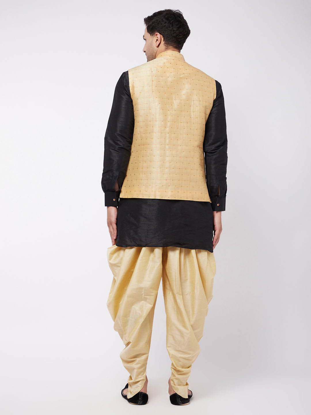 Vastramay Men's Gold Zari Weaved Jacket With Kurta Dhoti Set - PUSHMYCART