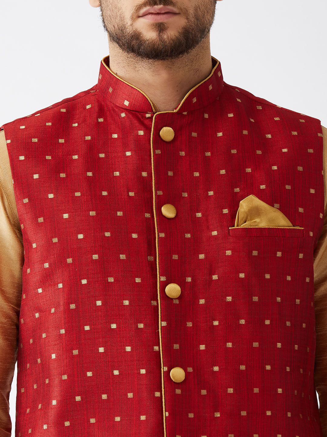mens rose gold and maroon silk blend ethnic jacket kurta and pyjama set