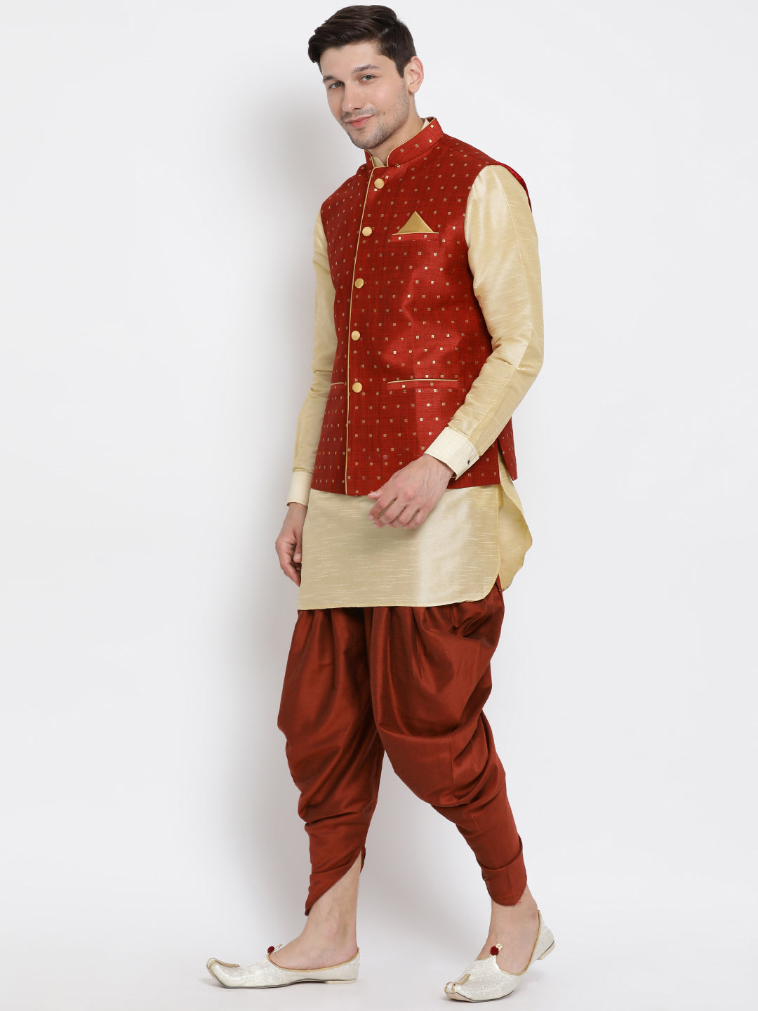 VM By VASTRAMAY Men's Maroon Zari Weaved Jacket With Kurta Dhoti Set - PUSHMYCART
