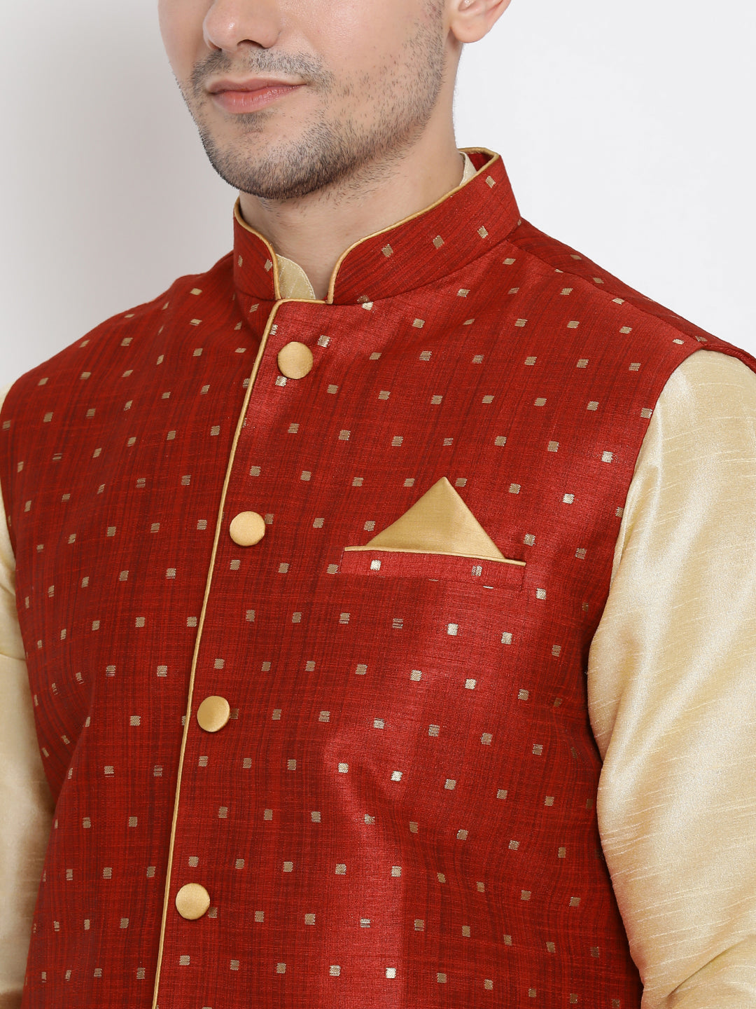 VM By VASTRAMAY Men's Maroon Zari Weaved Jacket With Kurta Dhoti Set - PUSHMYCART