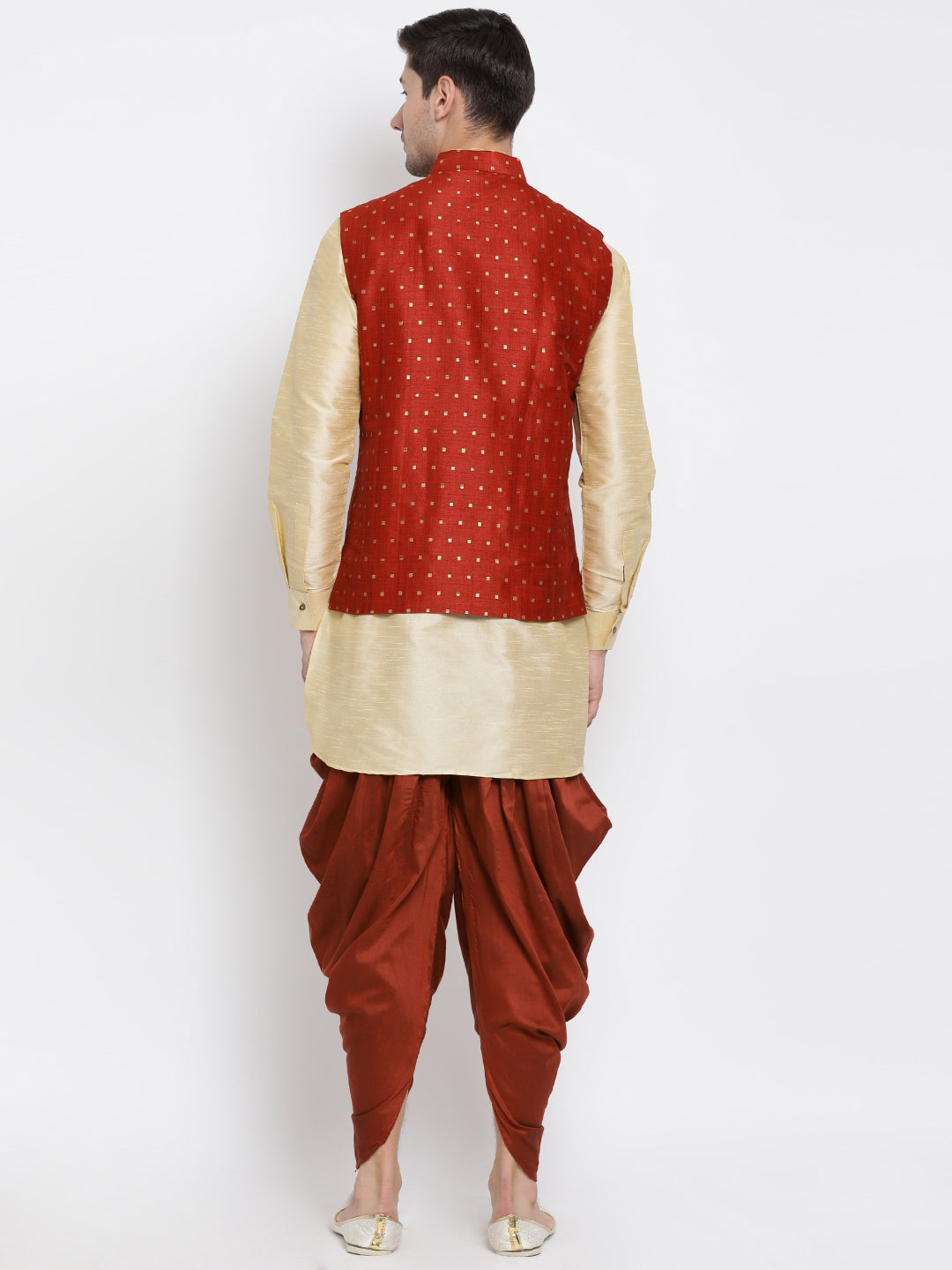 VM By VASTRAMAY Men's Maroon Zari Weaved Jacket With Kurta Dhoti Set - PUSHMYCART