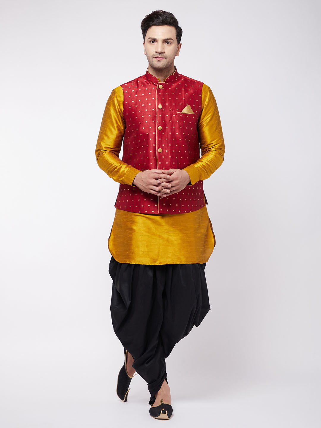 Vastramay Men's Maroon Zari Weaved Jacket With Kurta Dhoti Set - PUSHMYCART