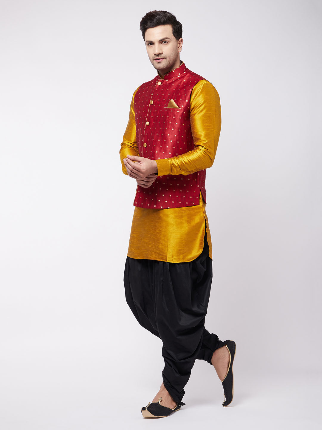 Vastramay Men's Maroon Zari Weaved Jacket With Kurta Dhoti Set - PUSHMYCART