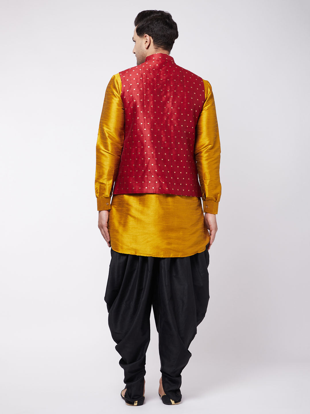 Vastramay Men's Maroon Zari Weaved Jacket With Kurta Dhoti Set - PUSHMYCART