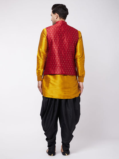 Vastramay Men's Maroon Zari Weaved Jacket With Kurta Dhoti Set - PUSHMYCART