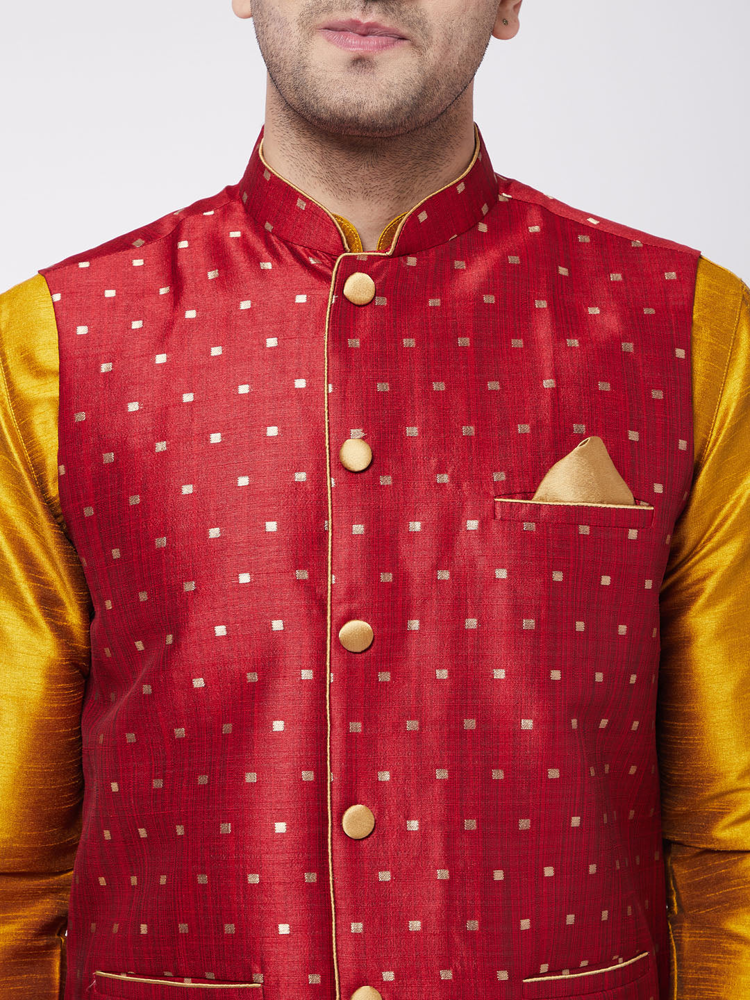 Vastramay Men's Maroon Zari Weaved Jacket With Kurta Dhoti Set - PUSHMYCART