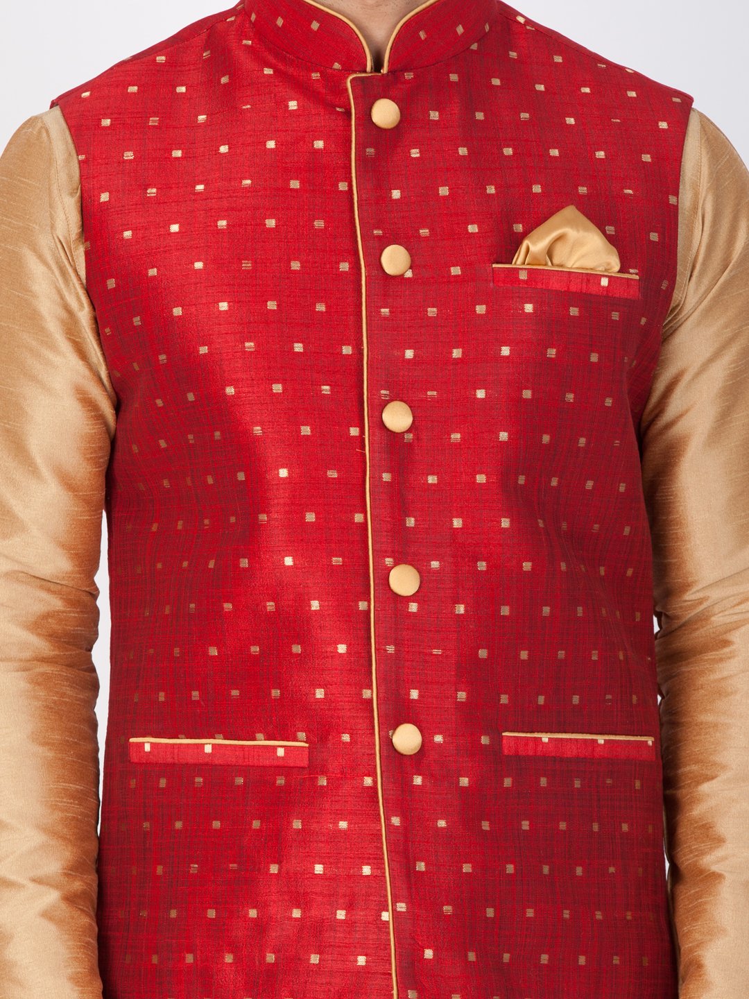Vastramay Silk Blend Maroon and Rose Gold Baap Beta Ethnic Jacket - PUSHMYCART