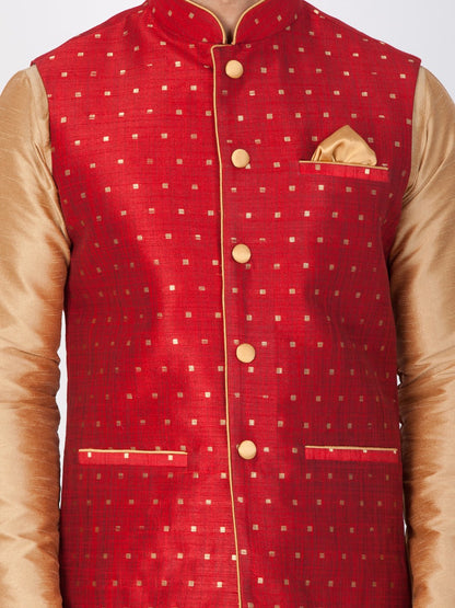 Vastramay Silk Blend Maroon and Rose Gold Baap Beta Ethnic Jacket - PUSHMYCART
