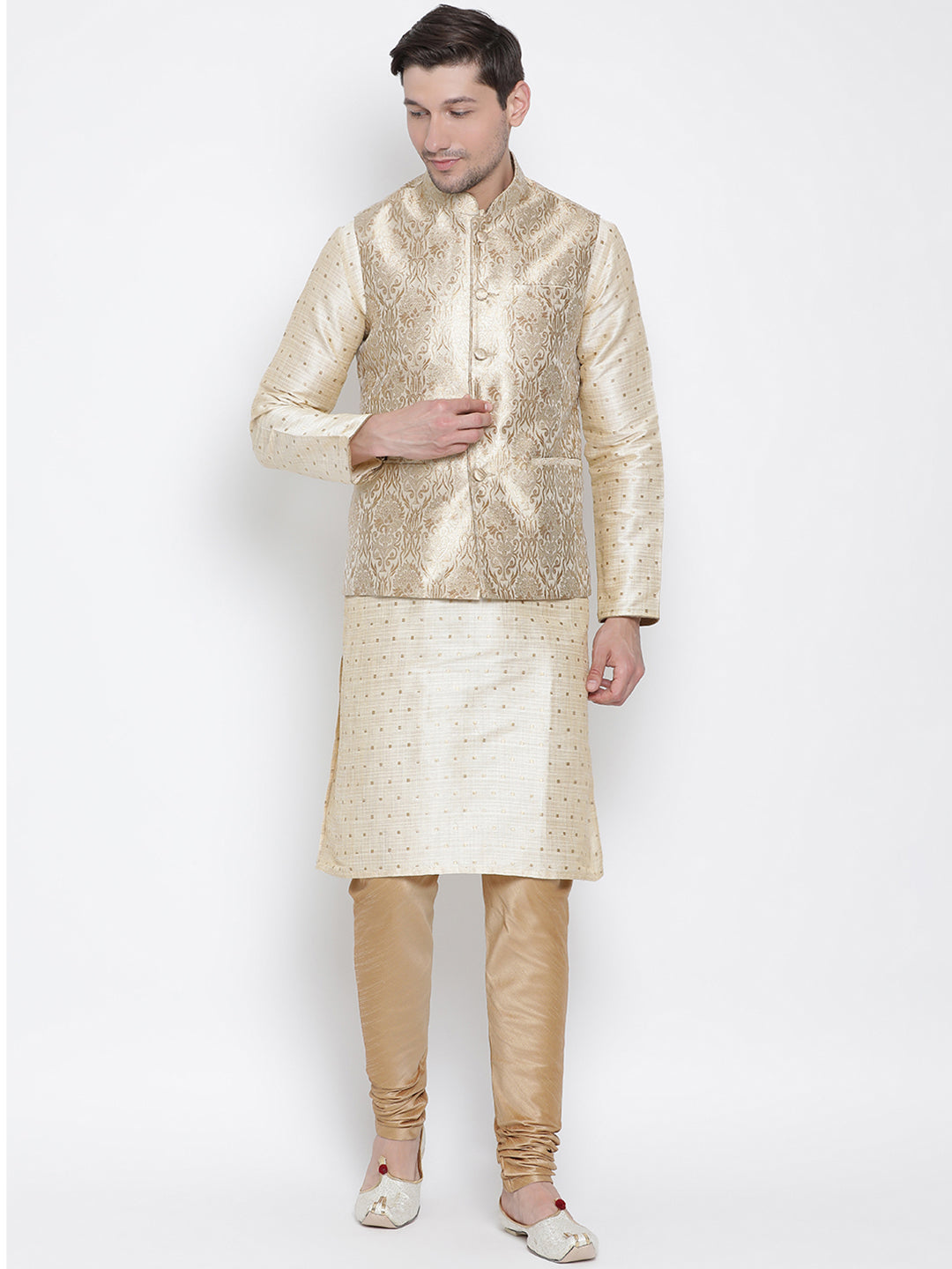 vastramay silk blend rose gold and gold baap beta jacket kurta pyjama set 3
