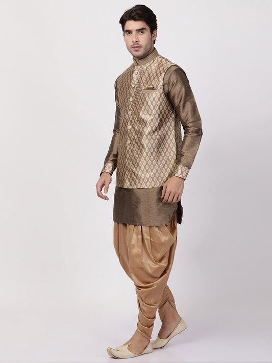 VASTRAMAY Men's Gold Woven Nehru Jacket With Kurta Dhoti Set - PUSHMYCART