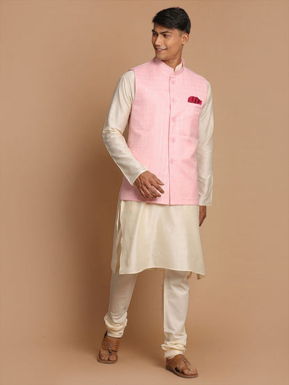 Vastramay Men's Cream Cotton Kurta, Checkered Royal Linen Nehru Jacket and Pyjama Set - PUSHMYCART