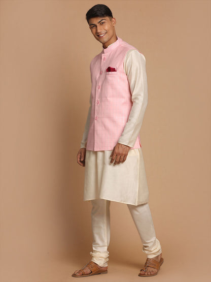 Vastramay Men's Cream Cotton Kurta, Checkered Royal Linen Nehru Jacket and Pyjama Set - PUSHMYCART