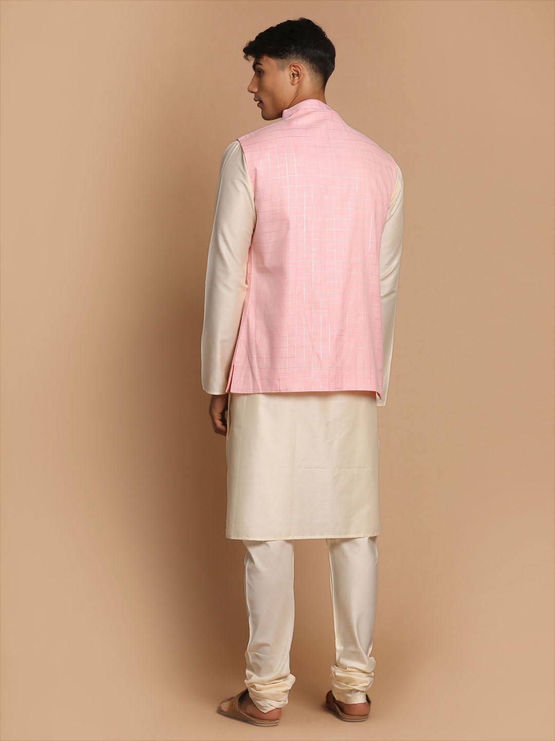 Vastramay Men's Cream Cotton Kurta, Checkered Royal Linen Nehru Jacket and Pyjama Set - PUSHMYCART