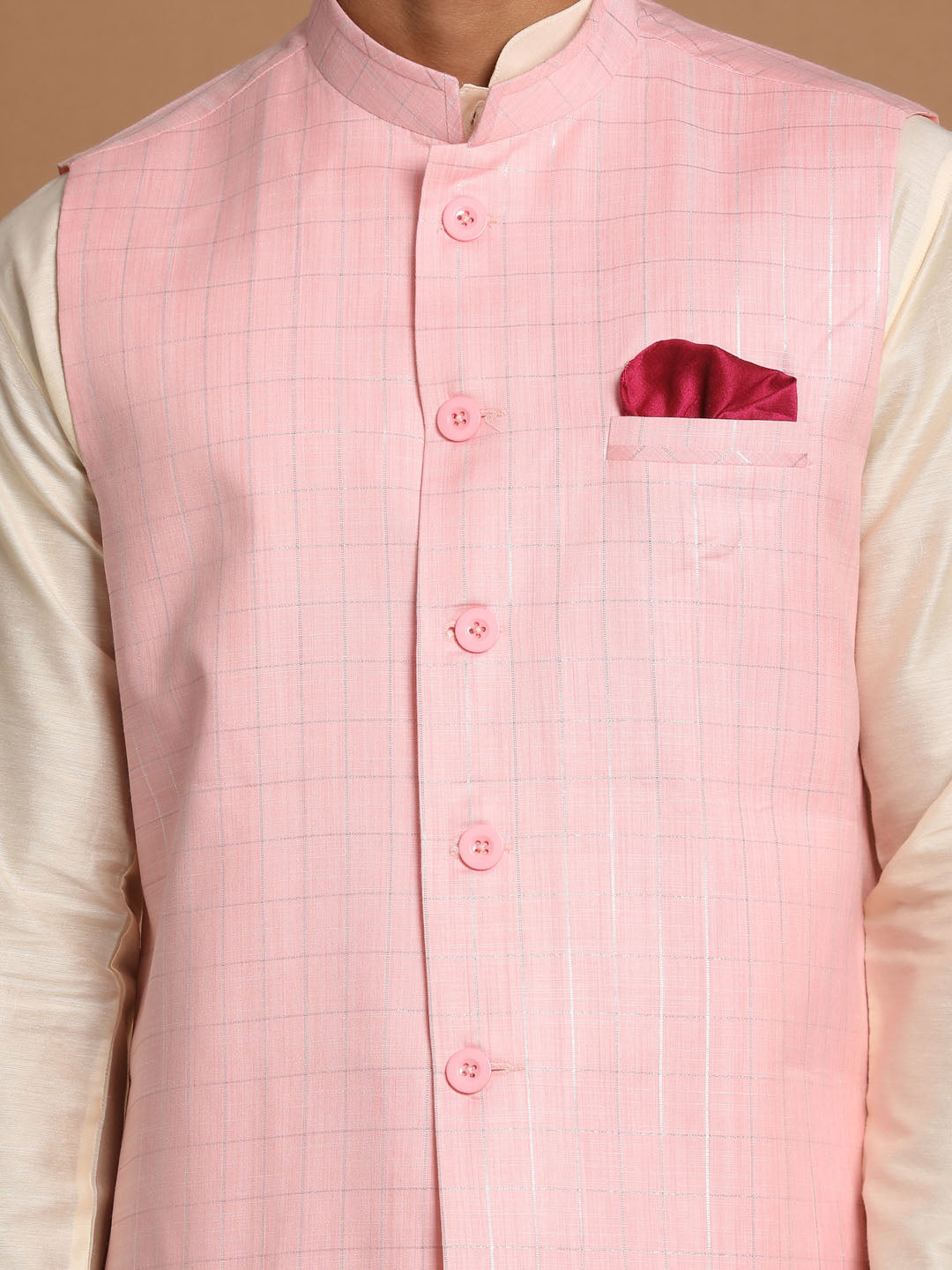 Vastramay Men's Cream Cotton Kurta, Checkered Royal Linen Nehru Jacket and Pyjama Set - PUSHMYCART