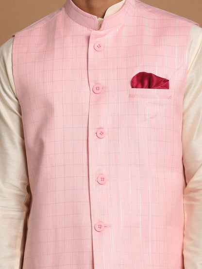 Vastramay Men's Cream Cotton Kurta, Checkered Royal Linen Nehru Jacket and Pyjama Set - PUSHMYCART