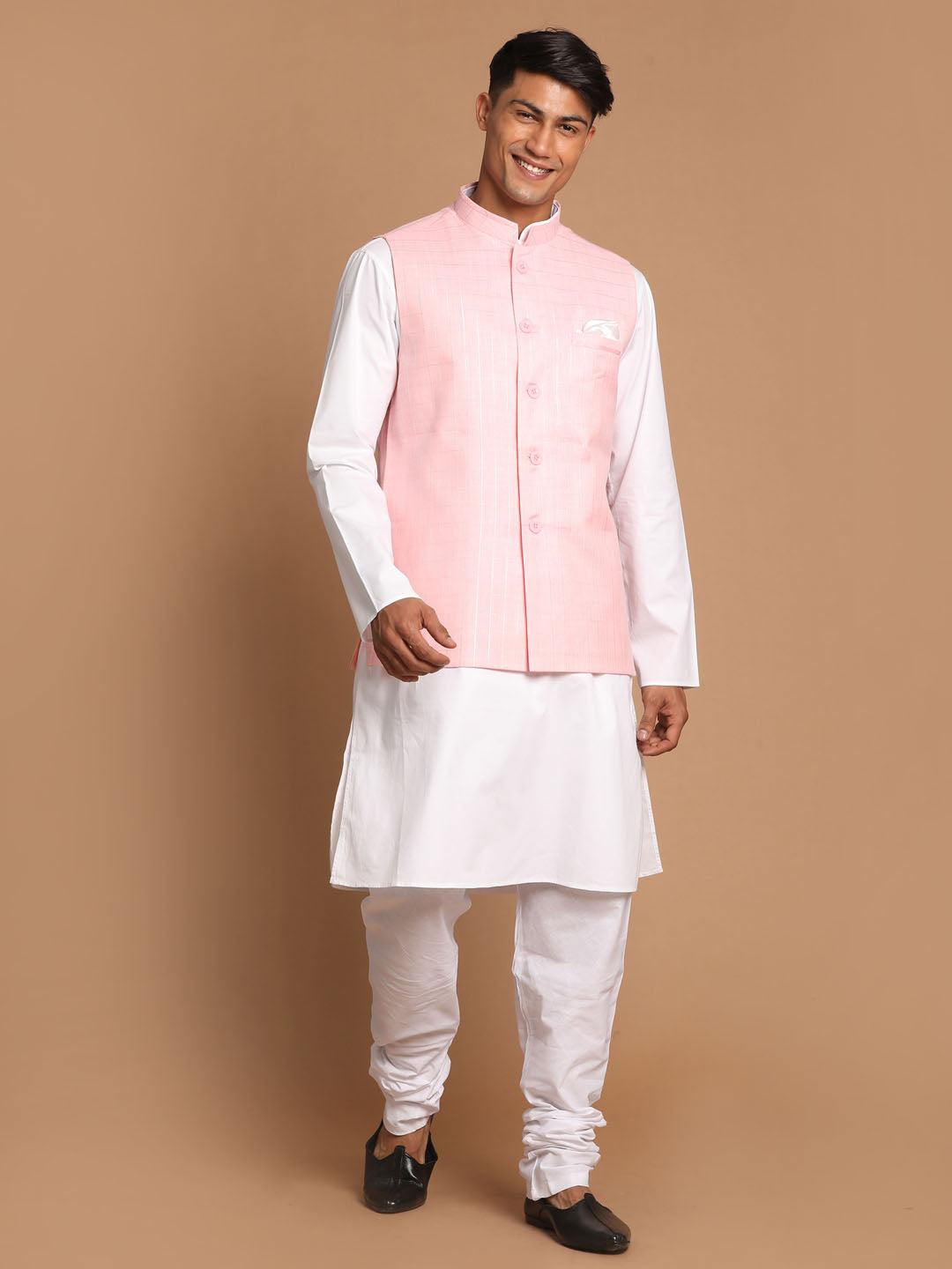 Vastramay Men's White Cotton Kurta, Checkered Royal Linen Nehru Jacket and Pyjama Set - PUSHMYCART
