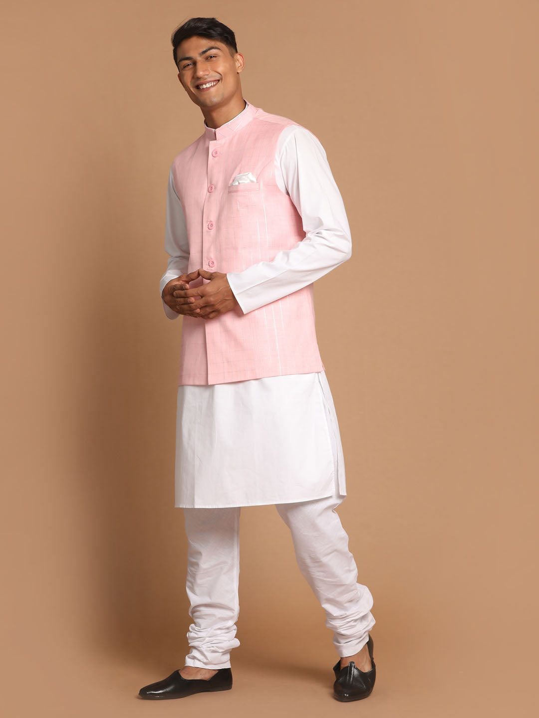 Vastramay Men's White Cotton Kurta, Checkered Royal Linen Nehru Jacket and Pyjama Set - PUSHMYCART