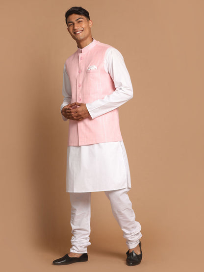 Vastramay Men's White Cotton Kurta, Checkered Royal Linen Nehru Jacket and Pyjama Set - PUSHMYCART
