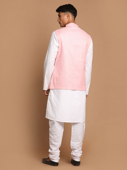 Vastramay Men's White Cotton Kurta, Checkered Royal Linen Nehru Jacket and Pyjama Set - PUSHMYCART
