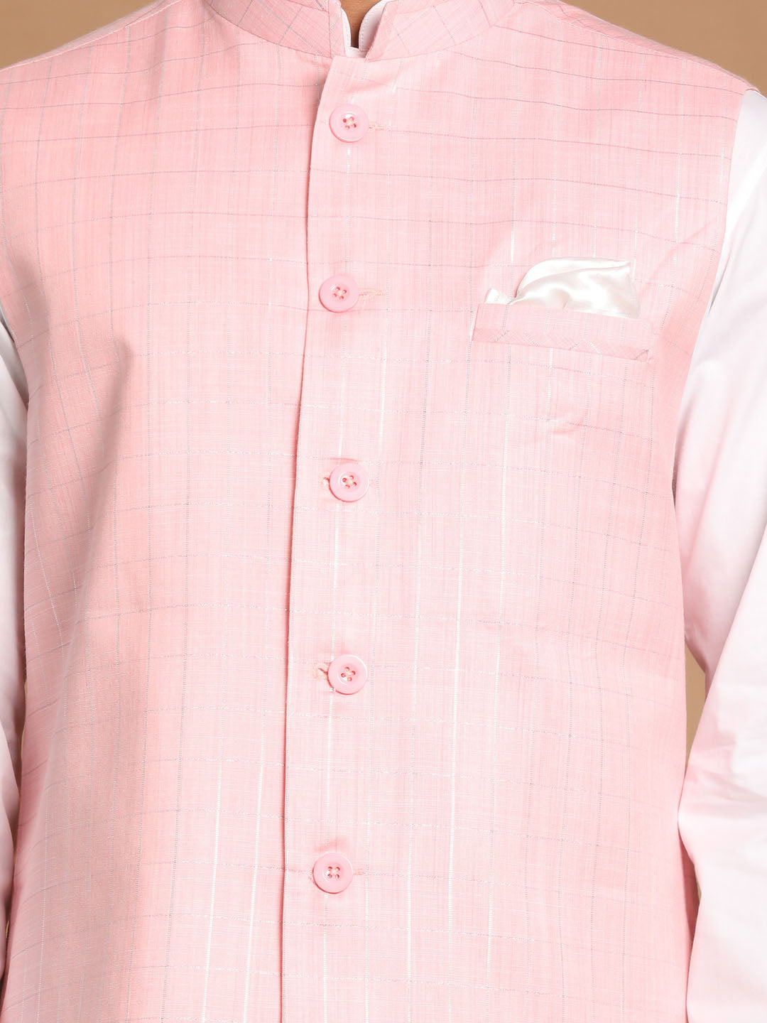 Vastramay Men's White Cotton Kurta, Checkered Royal Linen Nehru Jacket and Pyjama Set - PUSHMYCART