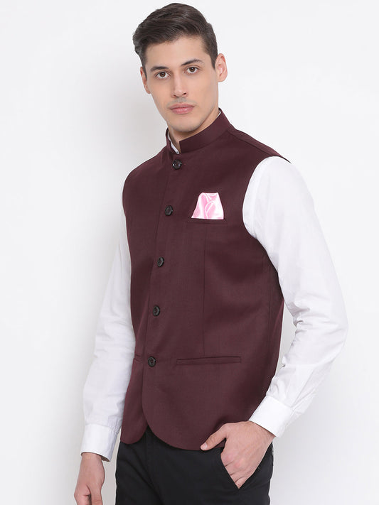 Vastramay Men's Maroon Cotton Blend Twill Nehru Jacket - PUSHMYCART