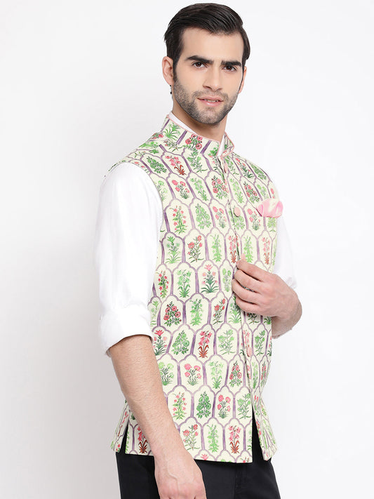 Vastramay Men's Cream Digital Floral Printed Royal Nehru Jacket - PUSHMYCART