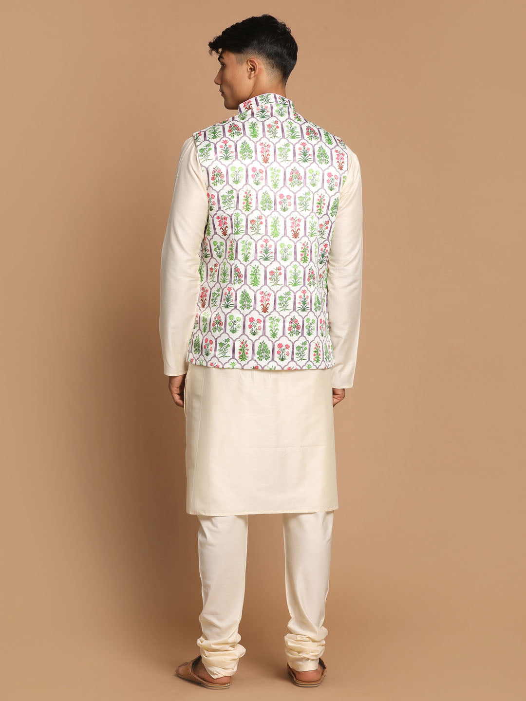 Vastramay Men's Cream Digital Print Nehru Jacket With Cream Kurta And Pyjama - PUSHMYCART