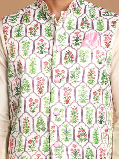 Vastramay Men's Cream Digital Print Nehru Jacket With Cream Kurta And Pyjama - PUSHMYCART