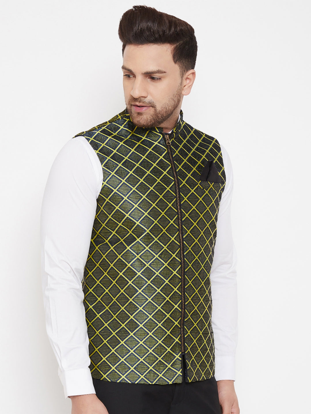 Vastramay Men's Green Jute Cotton Zipper Nehru Jacket - PUSHMYCART