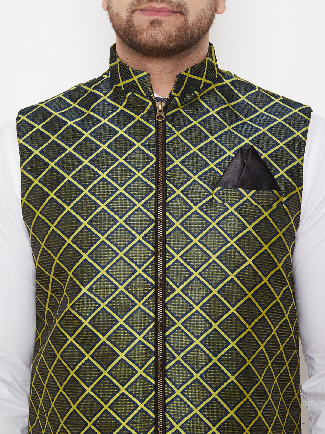 Vastramay Men's Green Jute Cotton Zipper Nehru Jacket - PUSHMYCART