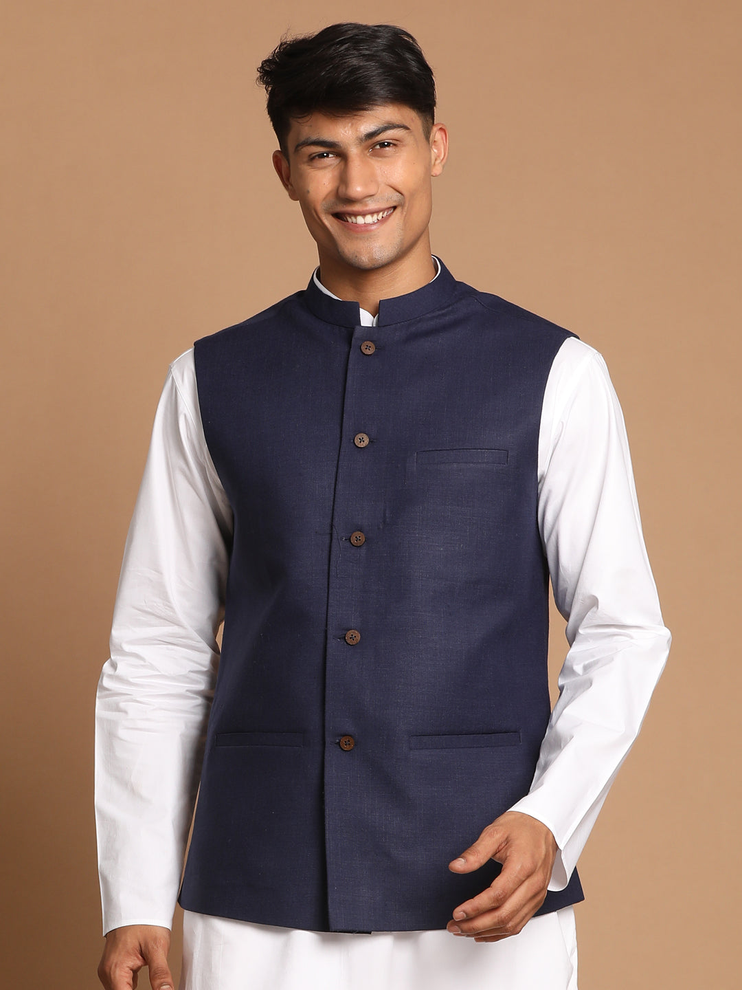 Vastramay Navy Blue Cotton Blend Nehru Jacket - PUSHMYCART