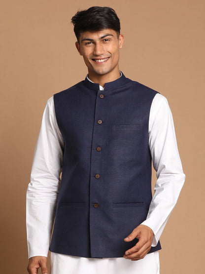 Vastramay Navy Blue Cotton Blend Nehru Jacket - PUSHMYCART